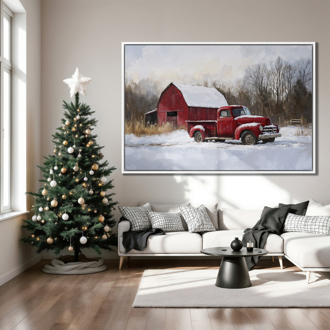 Framed Wall Art: Rustic red barn & truck in winter scene. Perfect farmhouse decor. Warm, inviting color palette. Enhance your living room with this canvas print.