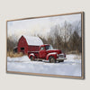 Snowy Rustic Red Barn Canvas Print with Red Pickup Truck