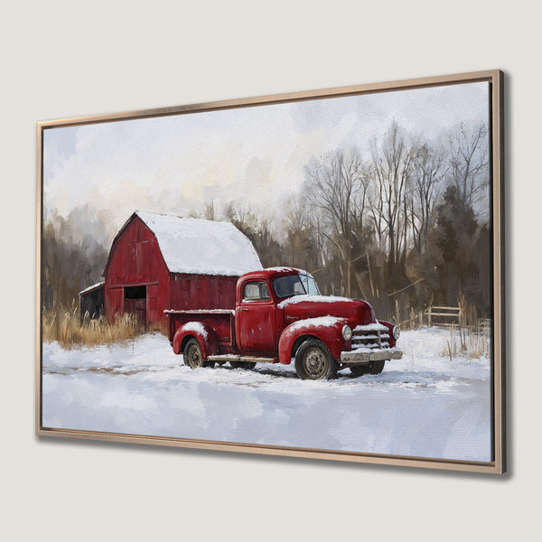 Framed Wall Art: Rustic winter scene with red truck and barn. Impressionistic style, warm red and cool gray color palette. Perfect farmhouse decor.