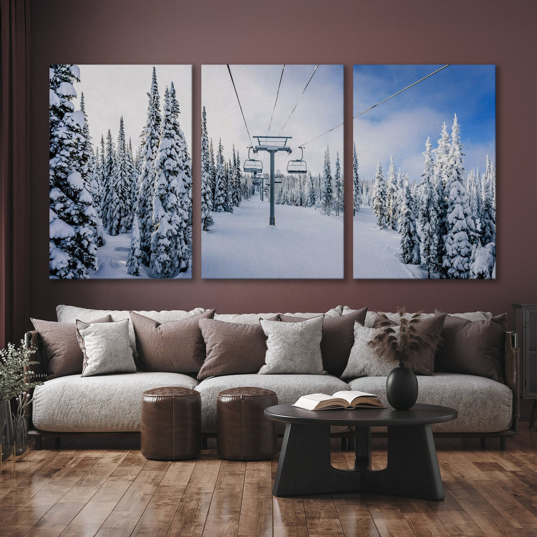 Canvas Print of a snowy ski slope scene with a chairlift, featuring a cool blue and white palette. Perfect winter wall art.