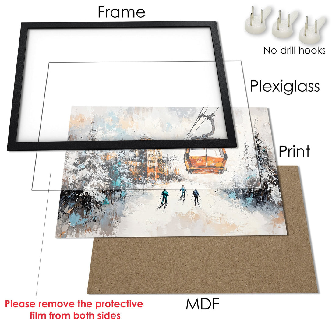 Framed Poster of a snowy ski scene, featuring a vibrant orange gondola. Artistic style with blue, gray, and orange hues. Perfect wall art!