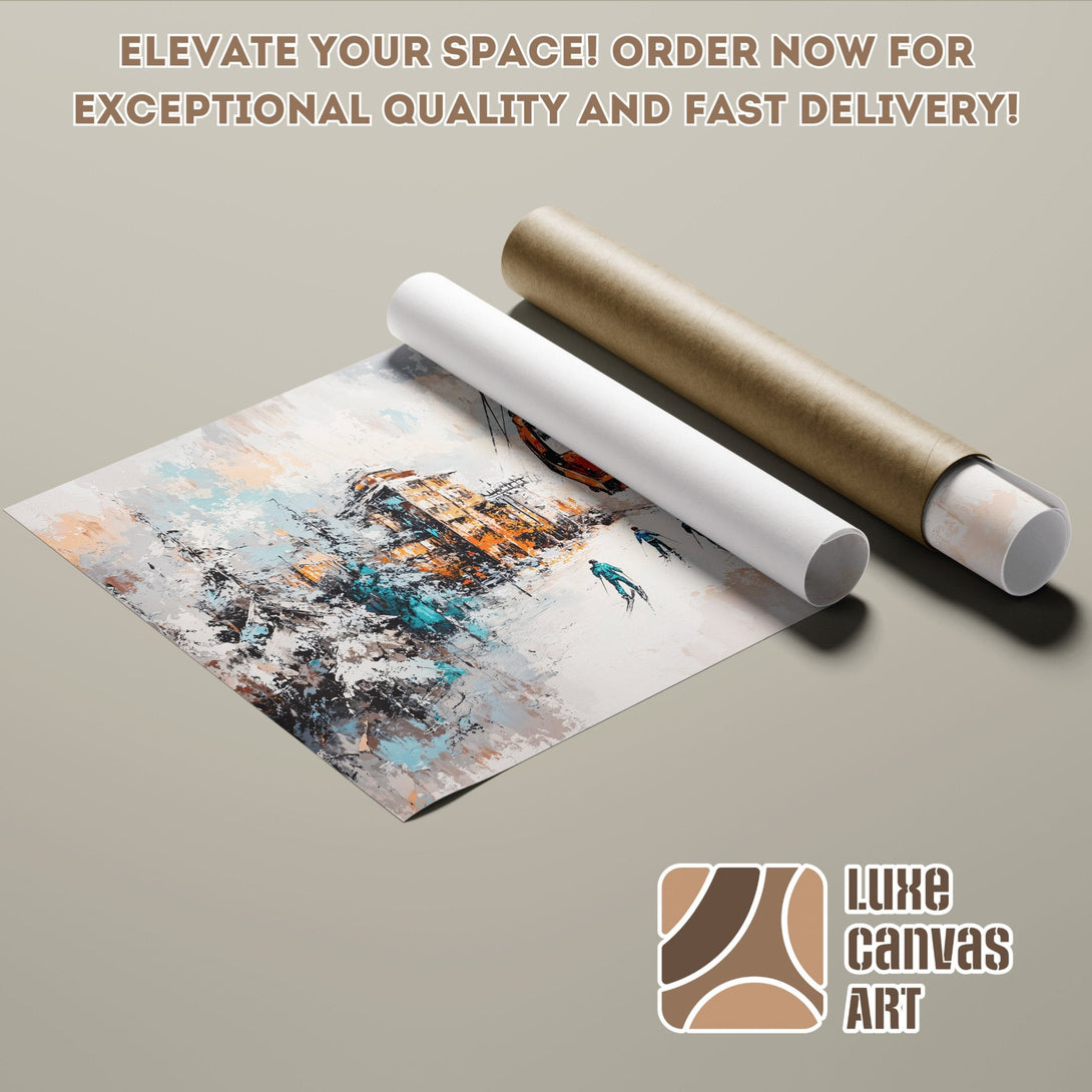 Abstract art Poster Roll with blue, orange, and gray tones. Elevate your space with Luxe Canvas Art!