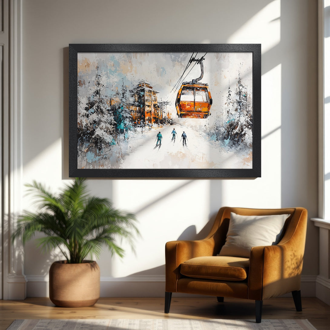 Framed Poster of a ski resort scene in an abstract style, featuring a warm color palette with orange and blue accents.