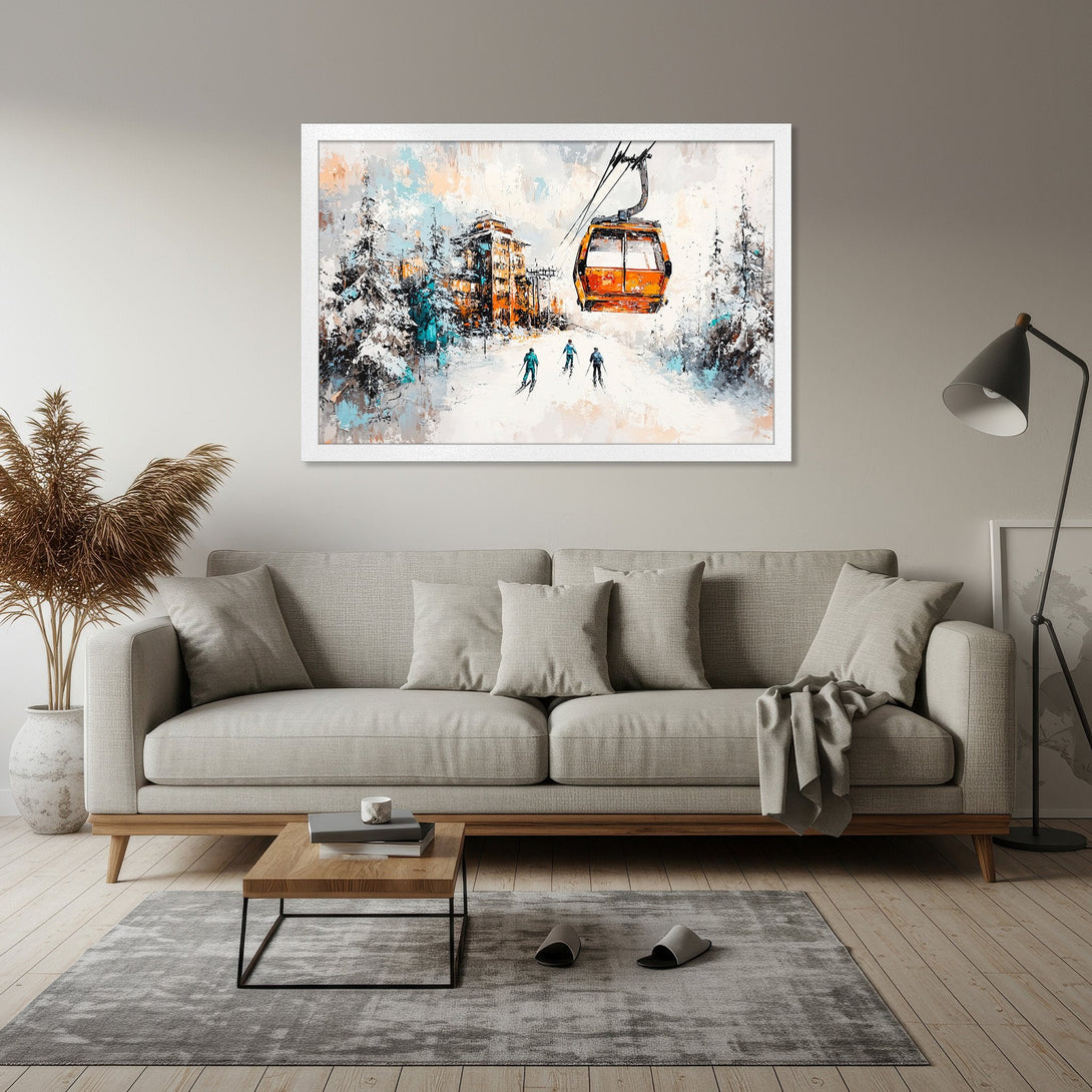 Framed Poster of a ski resort scene in an impressionistic style, featuring orange, blue, and white hues. Enhance your decor!