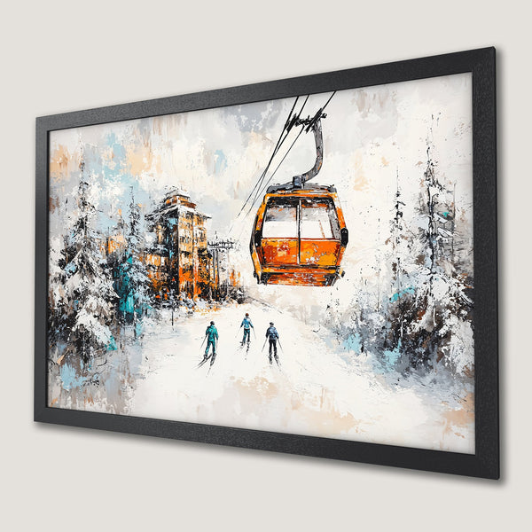 Framed Poster: Skiers on a snowy mountain, abstract style, orange & blue palette. Perfect wall art!