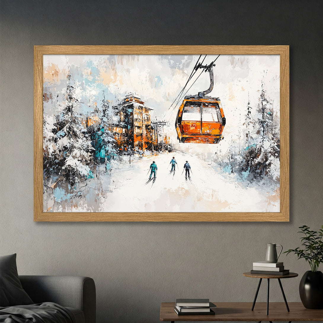 Framed Poster of a ski resort scene in an impressionistic style with a palette of white, orange, and teal. Perfect wall art for your home.