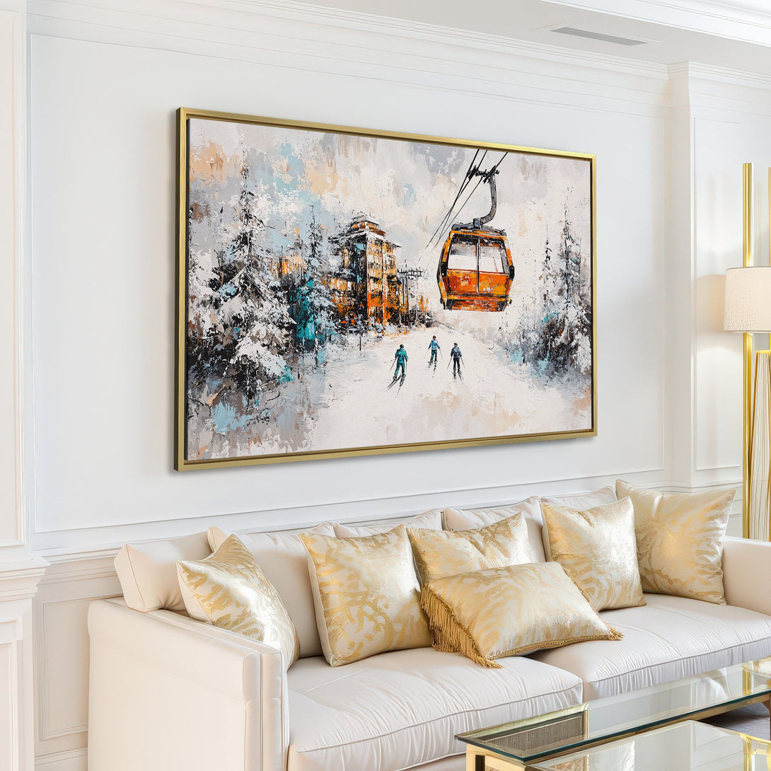 Canvas Print of a winter ski scene with a cable car, in a modern, abstract style with a neutral and orange color palette.