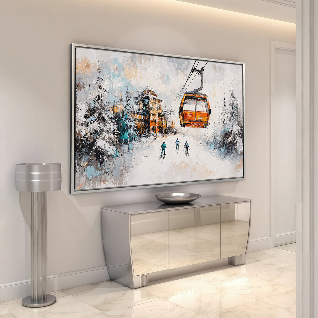 Framed Wall Art of a ski resort scene in a modern interior. Abstract style with a white, orange, and teal color palette. Perfect for home decor.