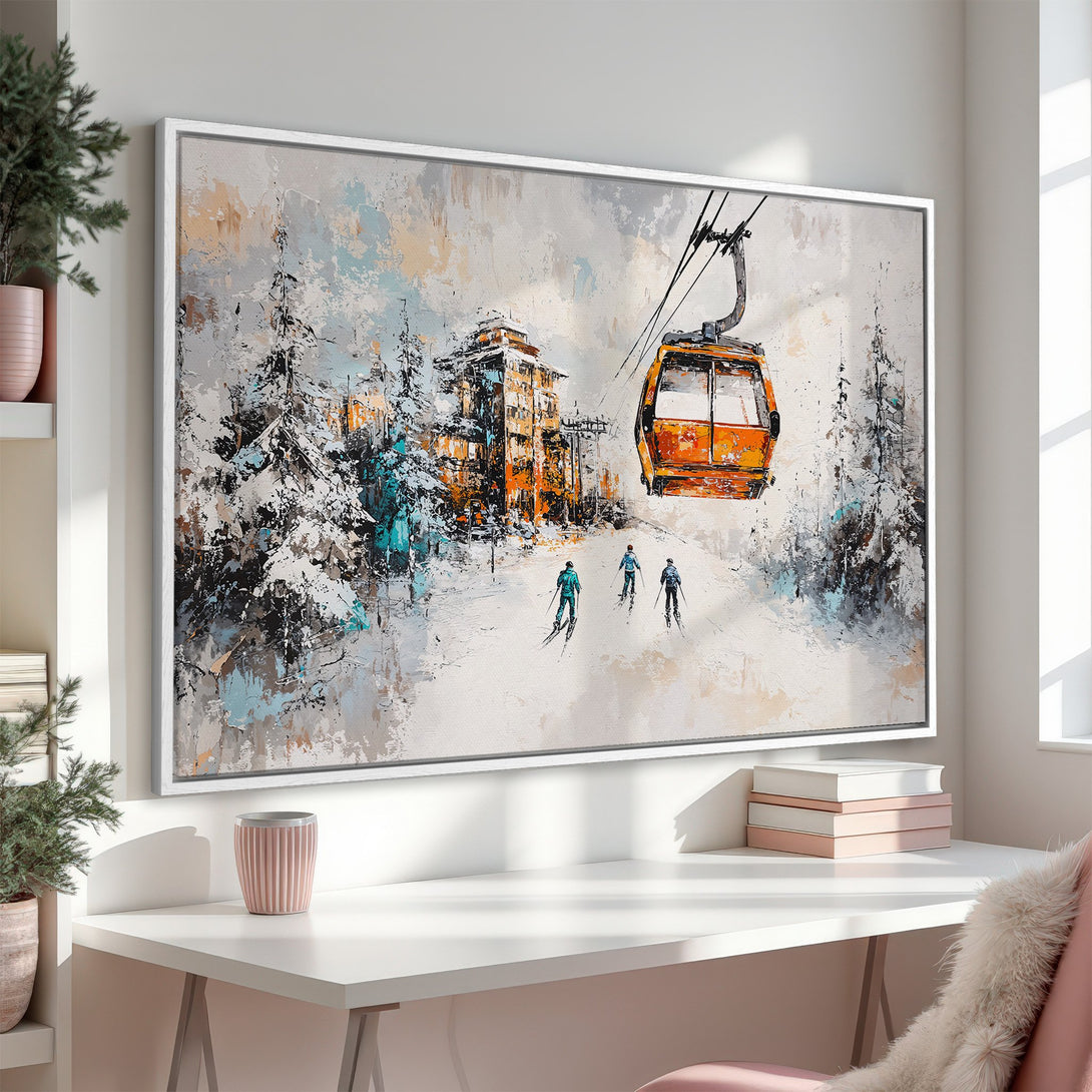 Framed Wall Art: Ski resort landscape painting in a modern, textured style. Features a vibrant orange, blue, and neutral color palette. Perfect for home decor.