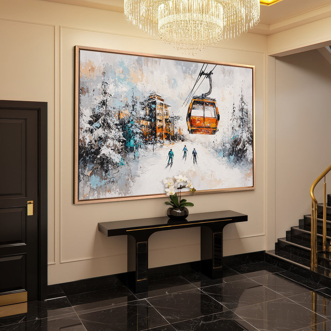 Framed Wall Art: Abstract ski scene with orange and blue hues. Modern canvas print adds a touch of elegance to any interior space. Shop now!