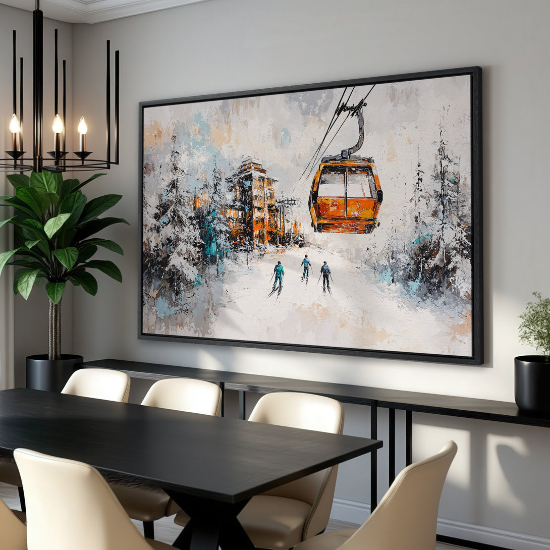 Framed Wall Art: Ski scene canvas print in a modern dining room. Features a ski lift, skiers, and a snowy landscape with a neutral, warm color palette.