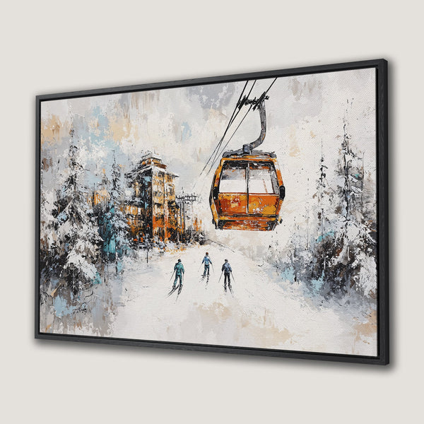 Framed Wall Art: Winter ski scene canvas print with skiers, cable car, and snowy trees. Modern, impressionistic style with orange, blue, and gray tones.
