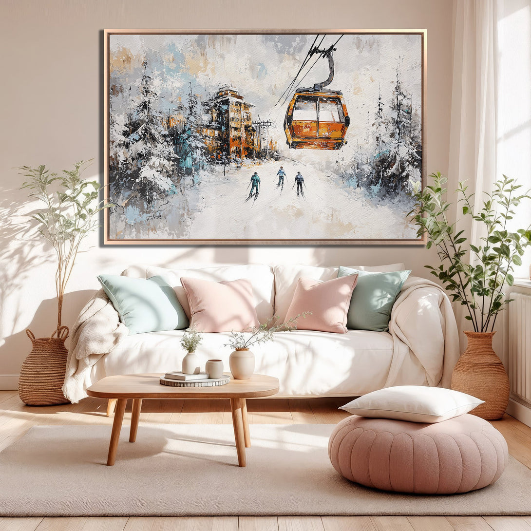 Framed Wall Art: Abstract ski scene in a cozy living room. Features a snowy mountain landscape with orange, teal, and neutral color palette. Perfect for home decor.