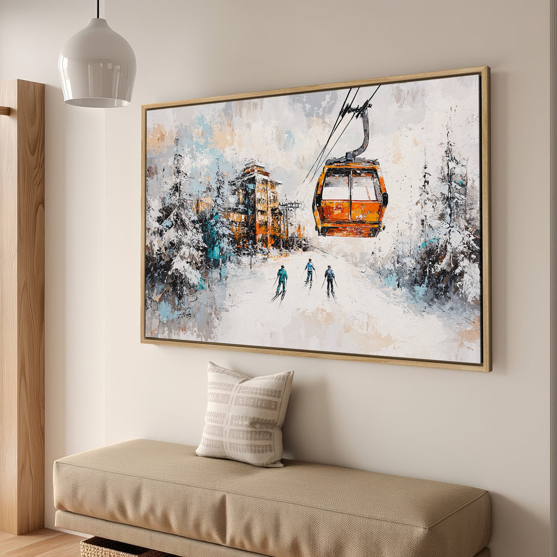 Framed Wall Art: Ski resort scene canvas print with orange gondola, skiers, and a cool color palette. Perfect for modern home decor.