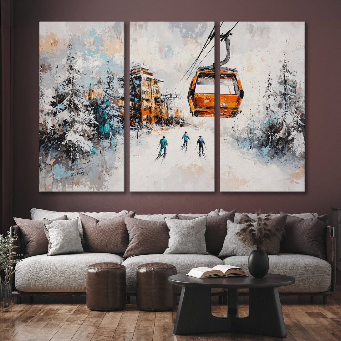 Canvas Print of a ski resort scene in an abstract style, featuring orange, blue, and white hues. Perfect wall art for a cozy interior.