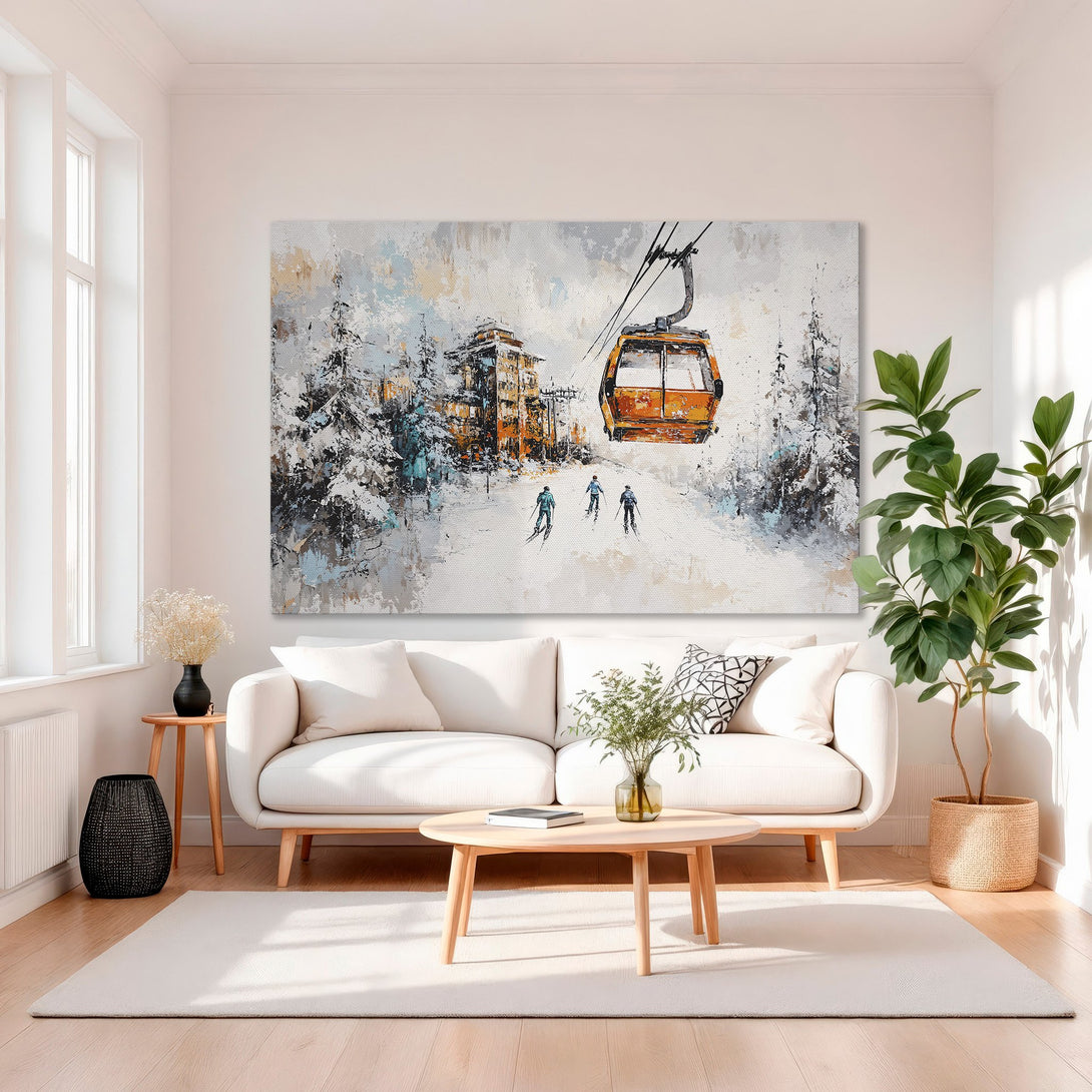 Framed Wall Art: Winter ski scene canvas print with orange, blue, and white color palette. Perfect for living room decor. Abstract style.