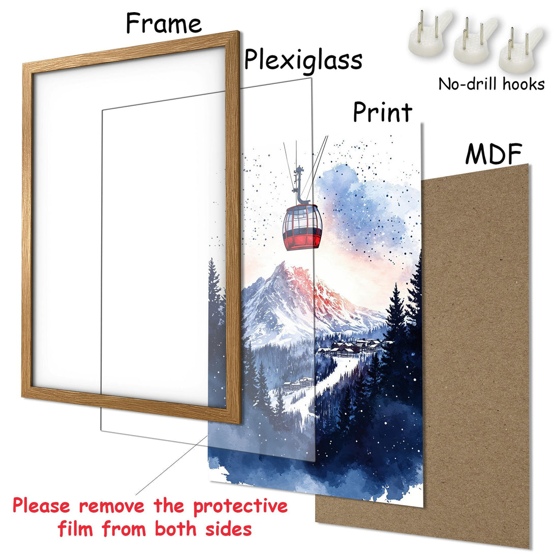 Framed Poster: Watercolor mountain landscape art print with vibrant colors. Perfect wall decor for any room. Ready to hang.