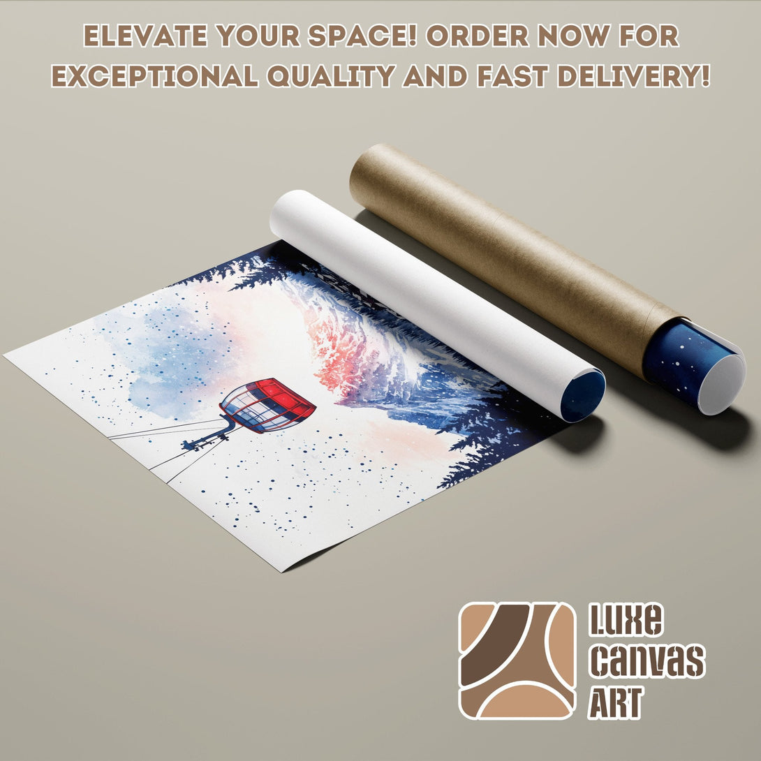 Watercolor ski lift Poster Roll with blue, red, and white color palette. Elevate your space with Luxe Canvas Art!