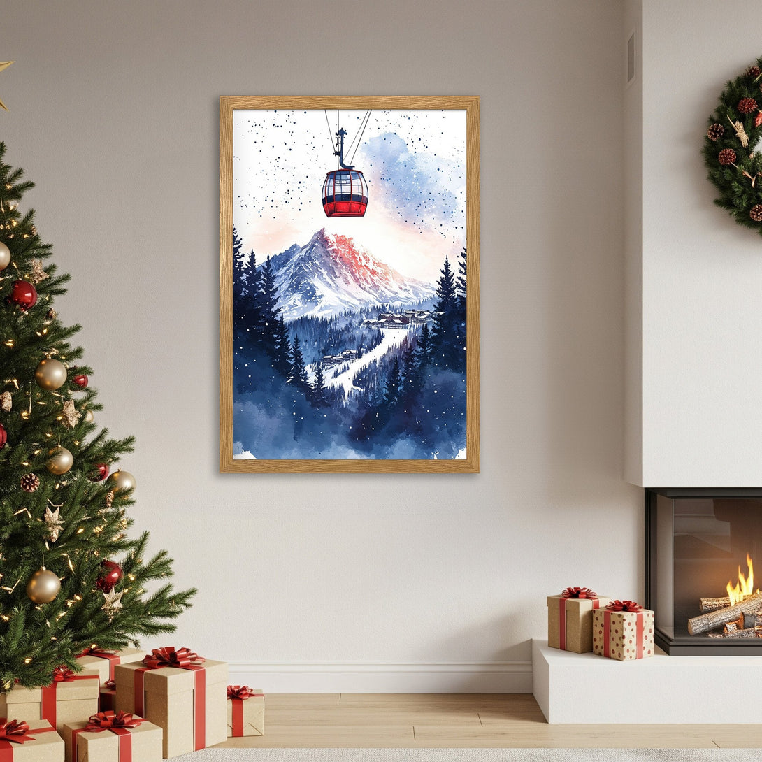 Framed Poster featuring a watercolor ski lift scene in blue, red, and white. Perfect winter decor for your home.