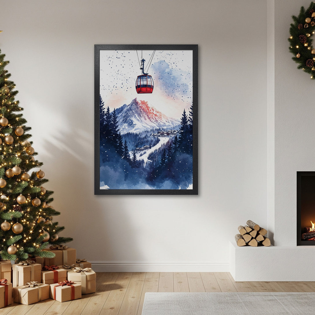 Framed Poster featuring a watercolor mountain scene with a ski lift. Blue, white, and red color palette. Perfect winter decor!