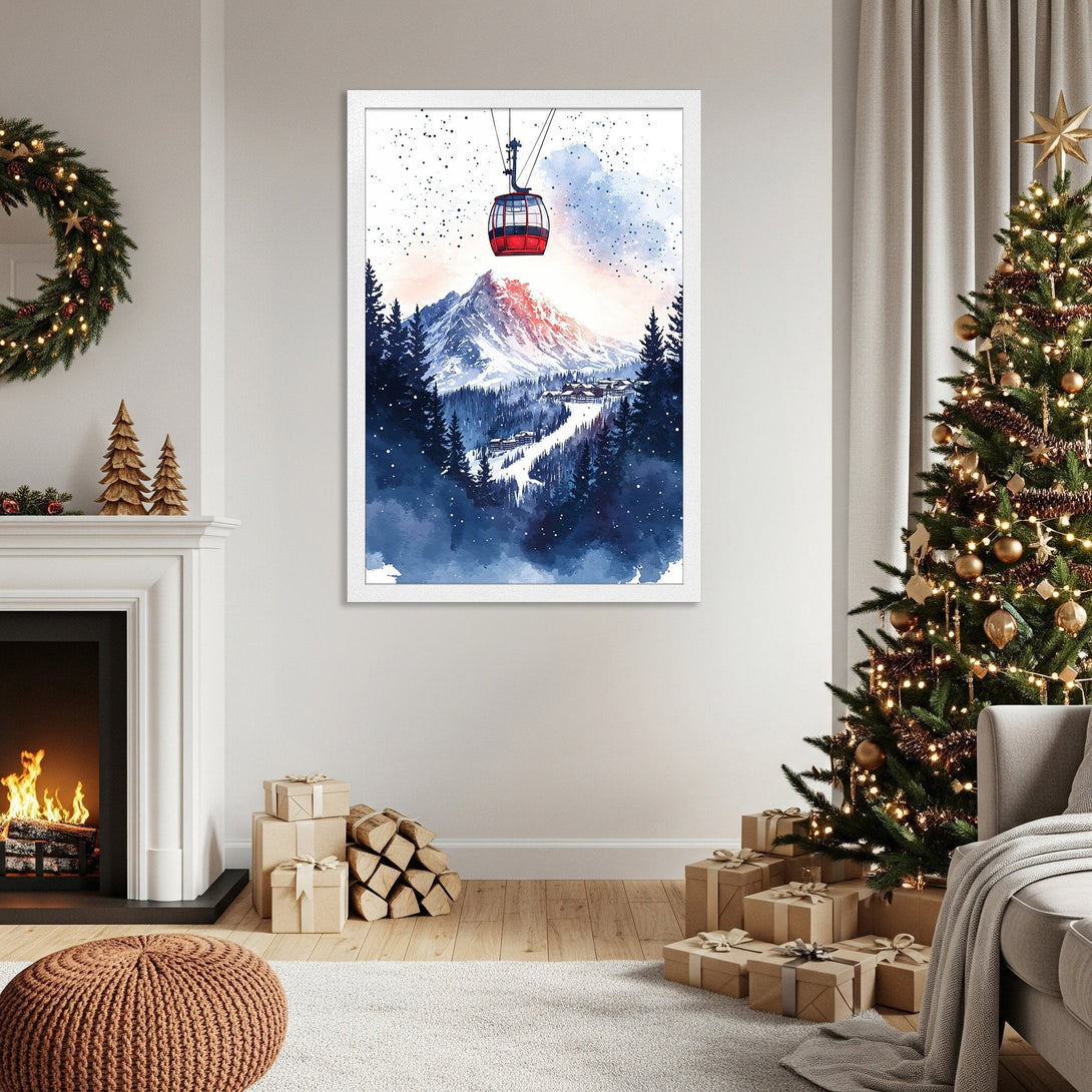 Framed Poster featuring a watercolor winter mountain scene in blue and red tones. Perfect holiday decor!