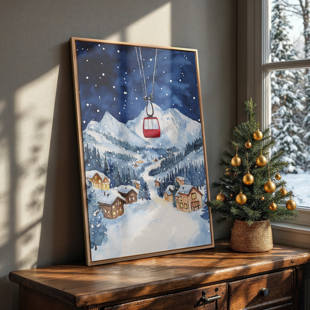 Framed Wall Art featuring a winter watercolor scene of a ski resort with a blue and white color palette. Perfect for cozy winter decor!