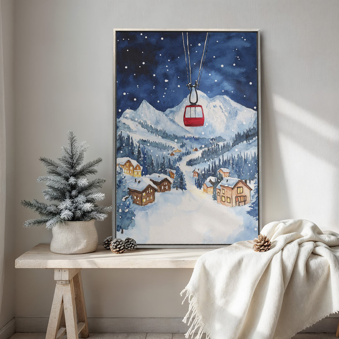 Framed Wall Art: Watercolor winter landscape with ski lift, snowy mountains, and cozy cabins. Blue, white, and red color palette. Perfect for home decor!