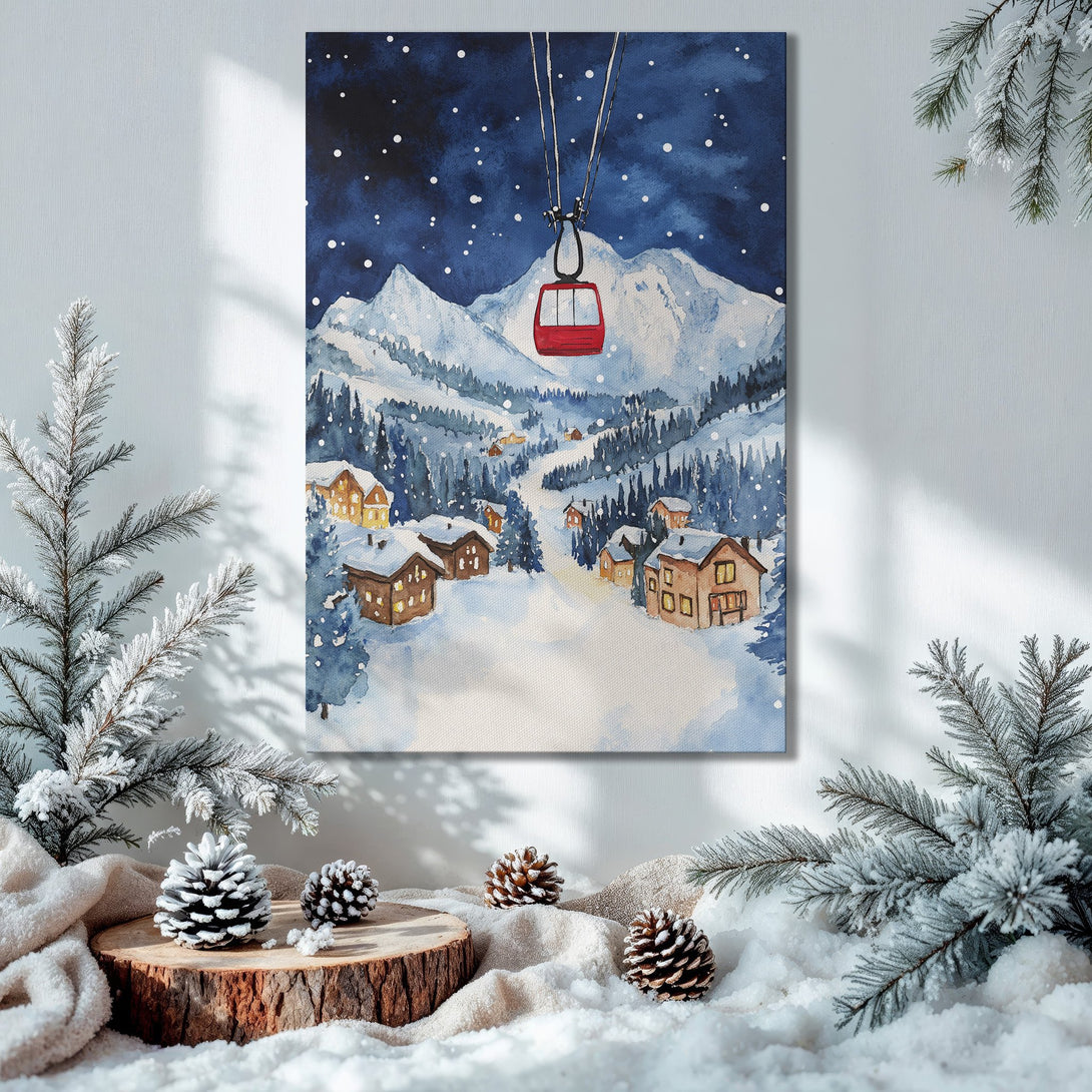 Framed Wall Art: Watercolor winter landscape with ski lift in blue and white. Perfect holiday decor!
