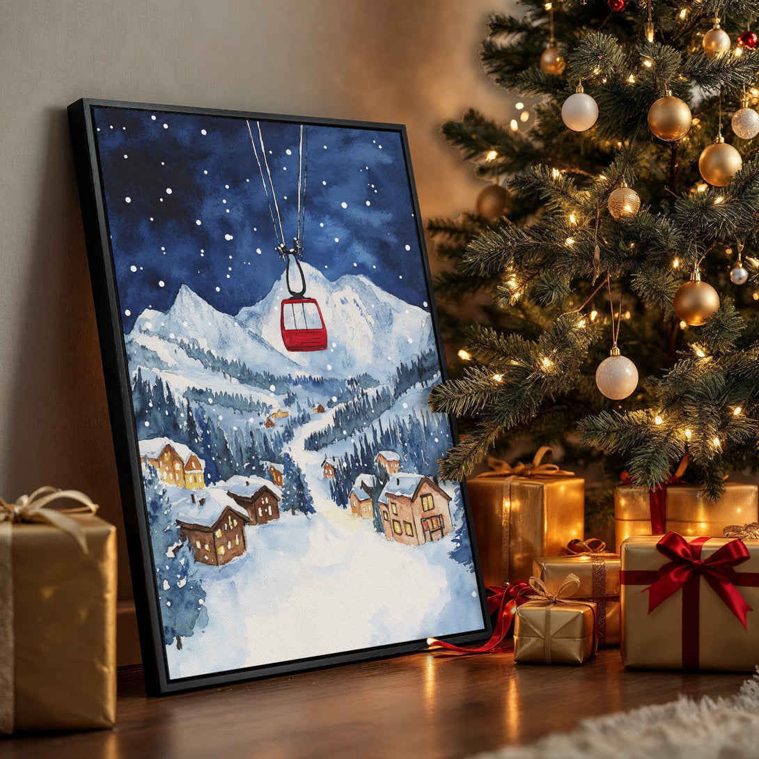 Framed Wall Art of a snowy mountain village in watercolor style. Blue and white color palette, perfect for winter decor. Bring the cozy vibes home!