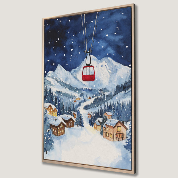 Framed Wall Art: Watercolor winter landscape Canvas Print featuring a ski lift, snowy mountains, and cozy village in blue and warm tones. Perfect for home decor.