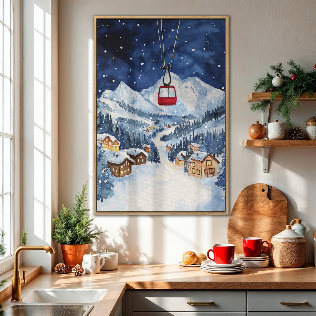 Framed Wall Art featuring a watercolor winter landscape with a ski lift, in a blue and white color palette, perfect for cozy home decor.
