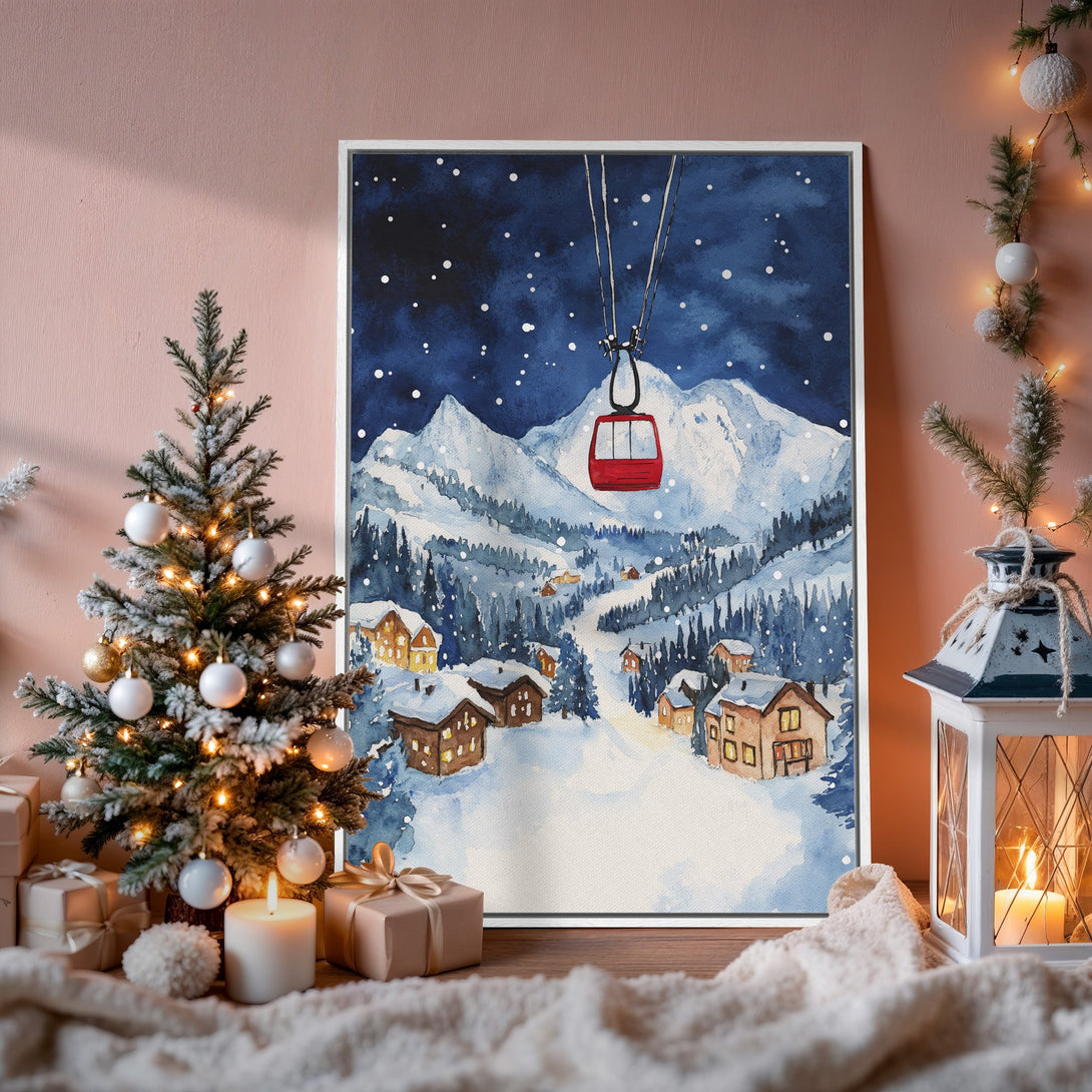 Framed Wall Art: Watercolor winter landscape Canvas Print. Captivating snowy mountains, ski lift, and village in blue, white, and red hues. Perfect holiday decor.