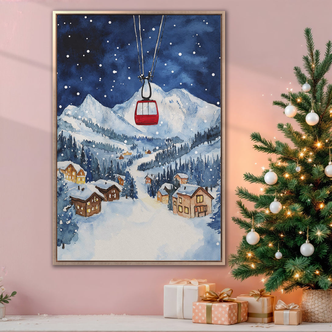 Framed Wall Art: Watercolor winter scene with a red gondola, snowy mountains, and cozy cabins. Blue, white, and warm tones create a festive, inviting atmosphere. Perfect for holiday decor!