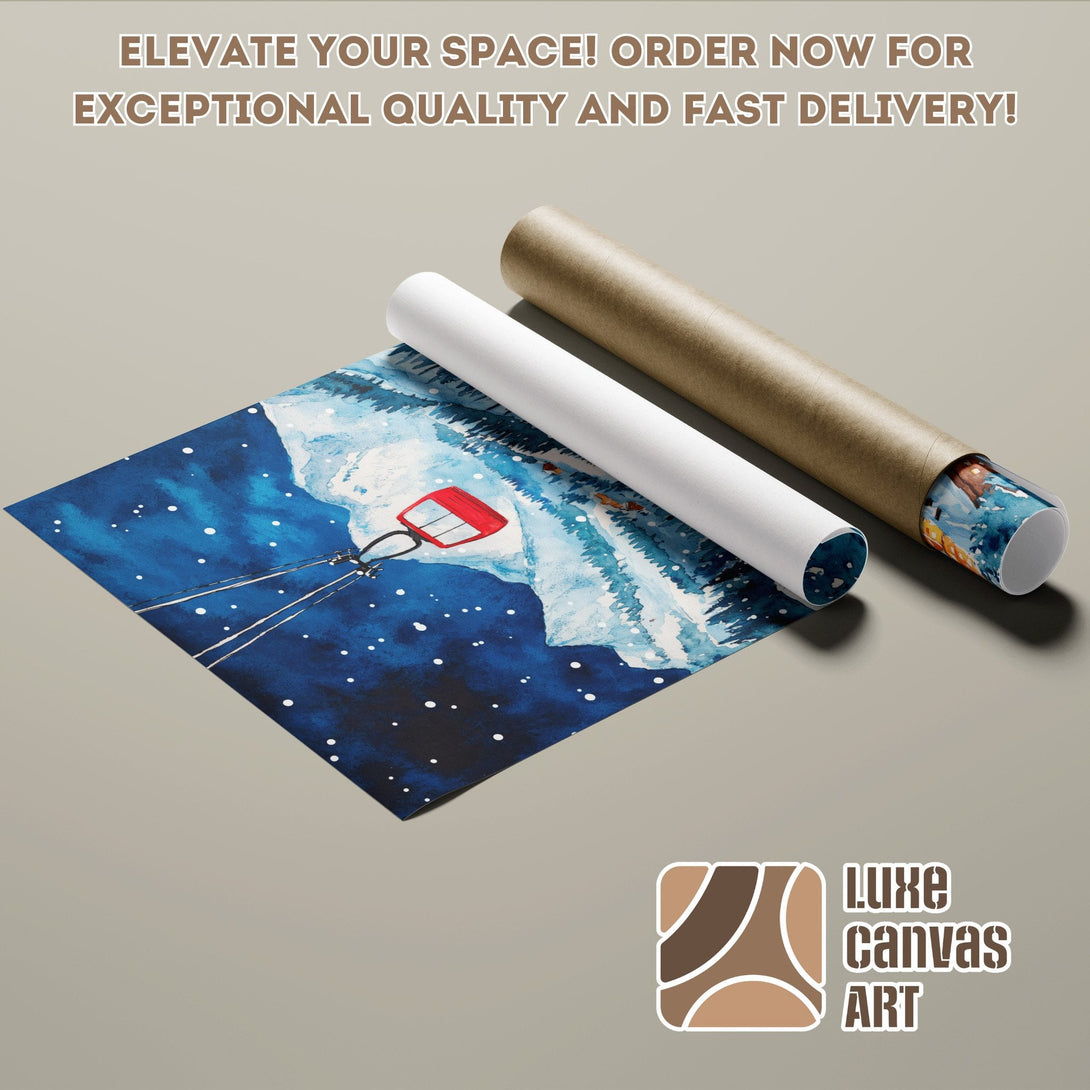 Watercolor Poster Roll with a blue and white winter scene. Perfect wall art!