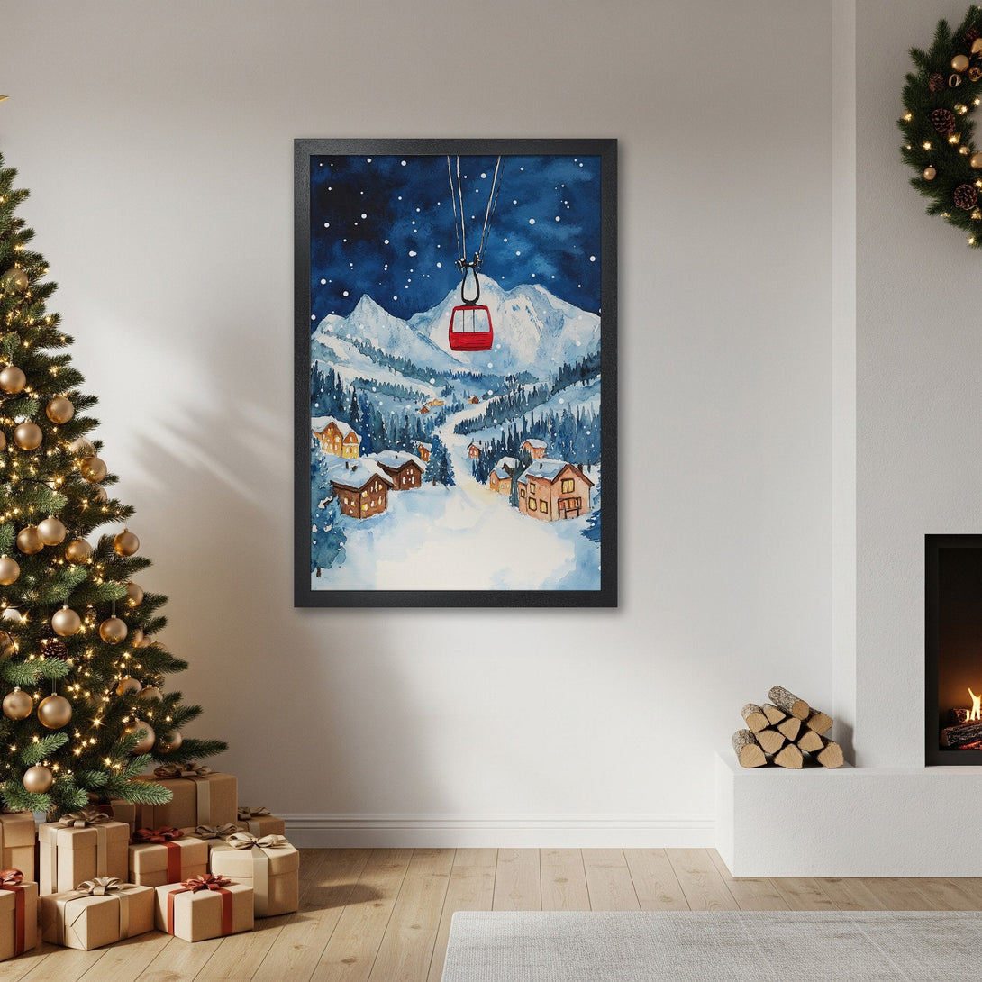 Framed Poster of a watercolor winter ski scene, featuring a red cable car. Blue, white, and warm tones create a cozy, festive vibe.