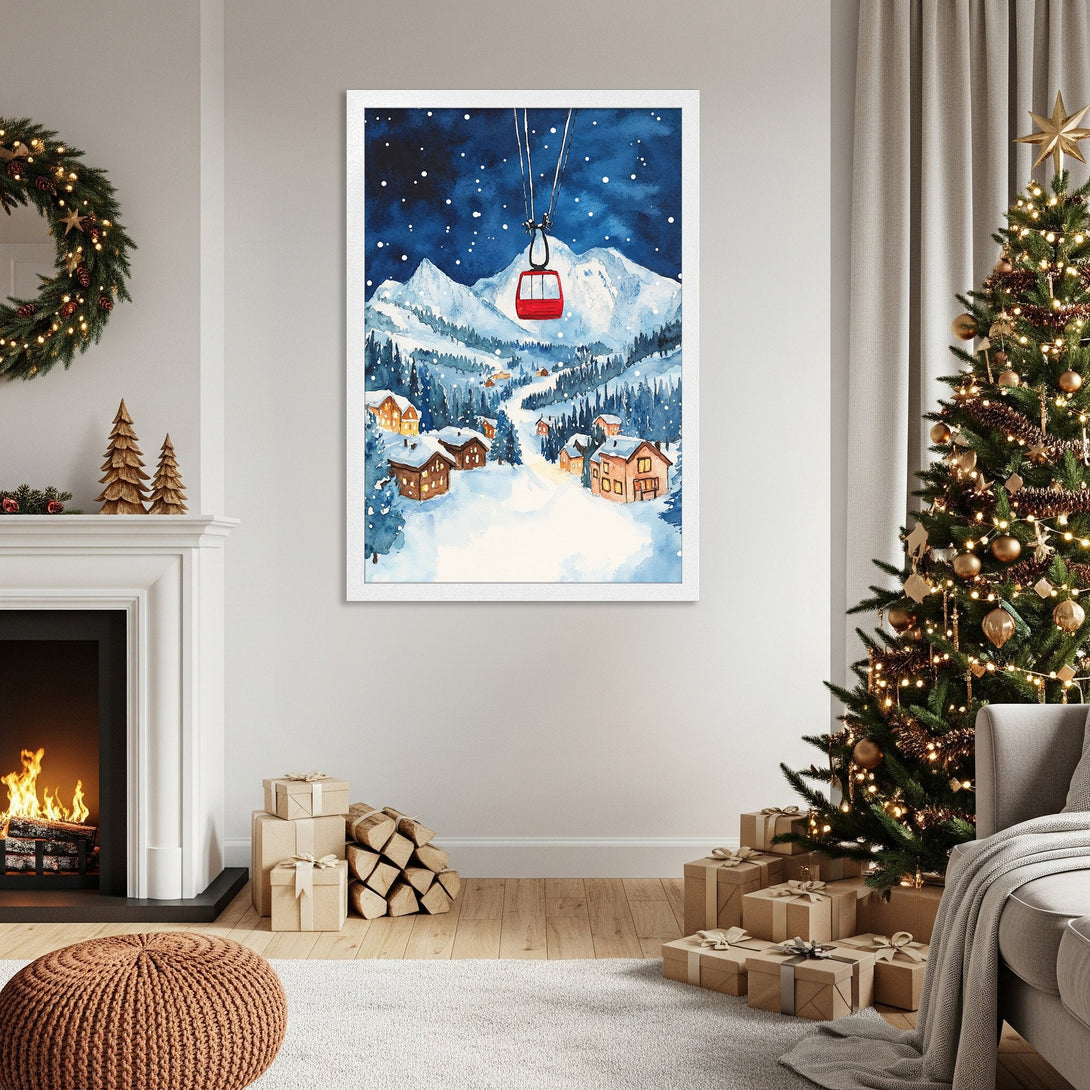 Framed Poster of a watercolor winter ski scene. Features a blue, white, and red color palette with a cozy, inviting style. Perfect holiday decor!