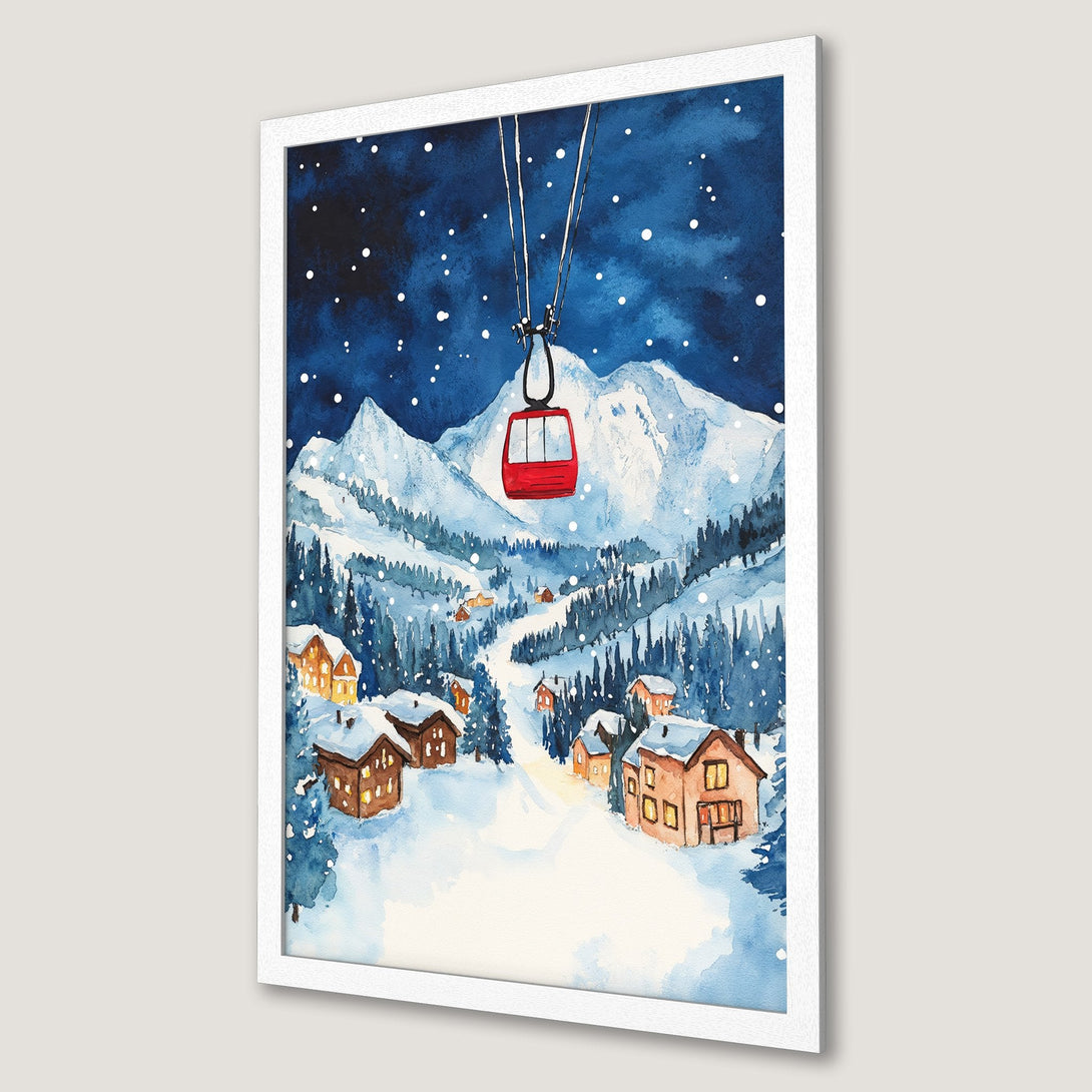 Framed Poster: Watercolor winter scene with a cable car, mountains, and cabins. Blue, white, and red color palette. Perfect wall art!