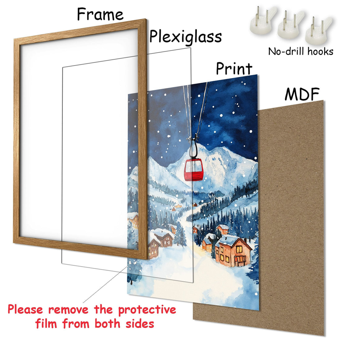 Framed Poster featuring a watercolor winter landscape. Blue, white, and red color palette. Perfect wall art for your home.