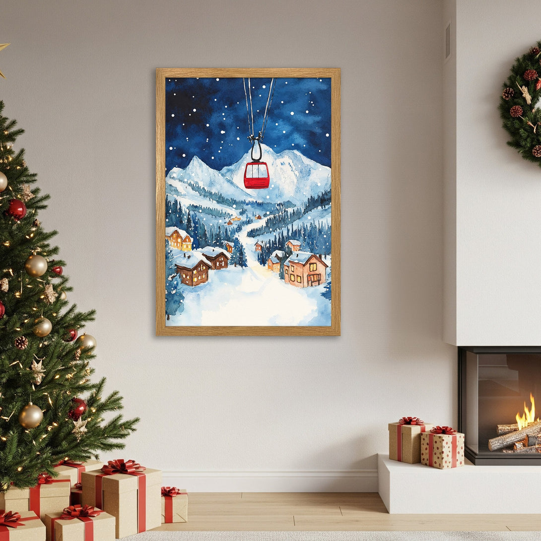 Framed Poster: Watercolor winter landscape with ski lift, blue and white color palette. Perfect holiday decor!