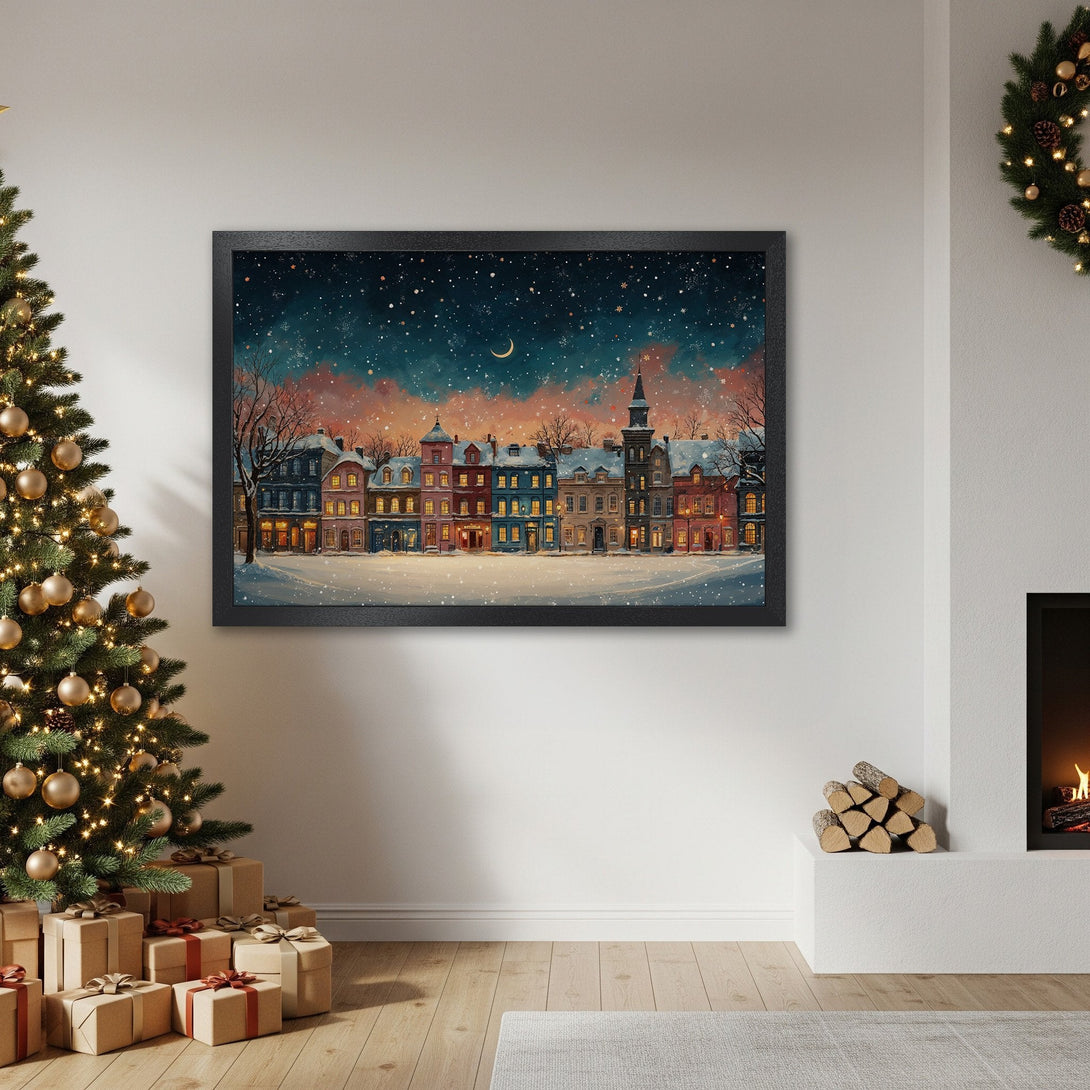 Framed Poster featuring a winter town scene in a watercolor style. Warm color palette with blues, oranges, and yellows. Perfect for holiday decor!
