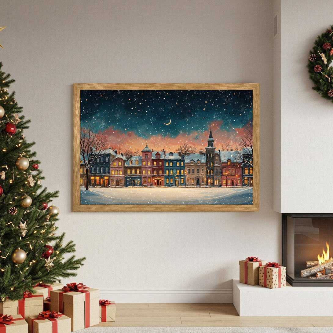 Framed Poster featuring a winter cityscape illustration. Warm color palette with blues, oranges, and yellows. Perfect holiday decor!