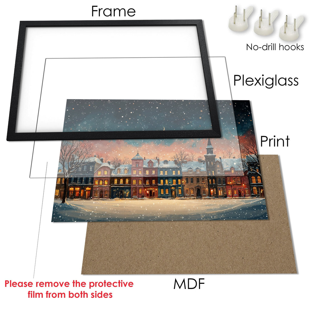 Framed Poster of a winter village scene. Warm, inviting colors. Perfect for cozy decor. Add this beautiful poster to your home today!