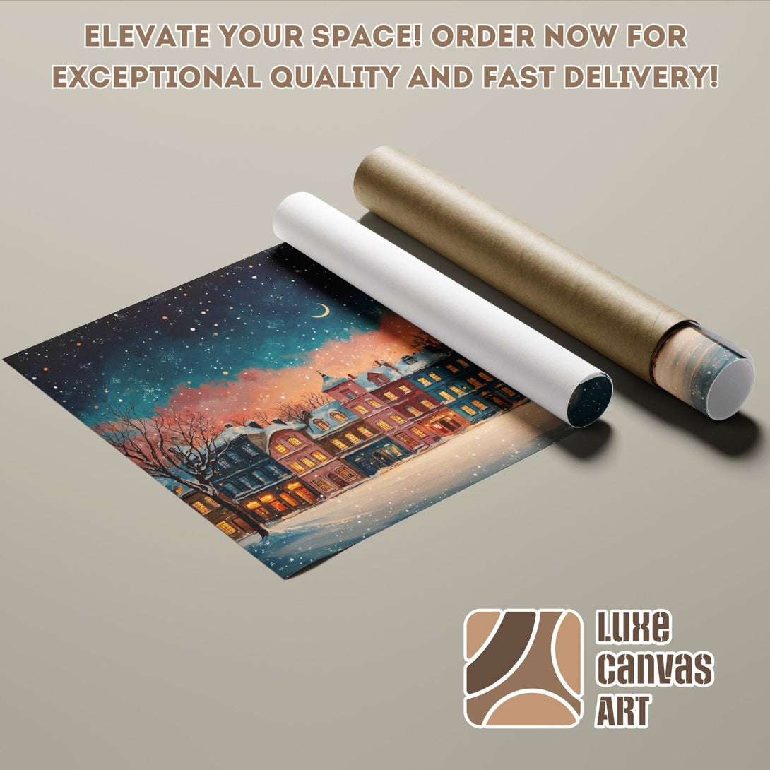 Winter town Poster Roll art print, warm colors, perfect for home decor.