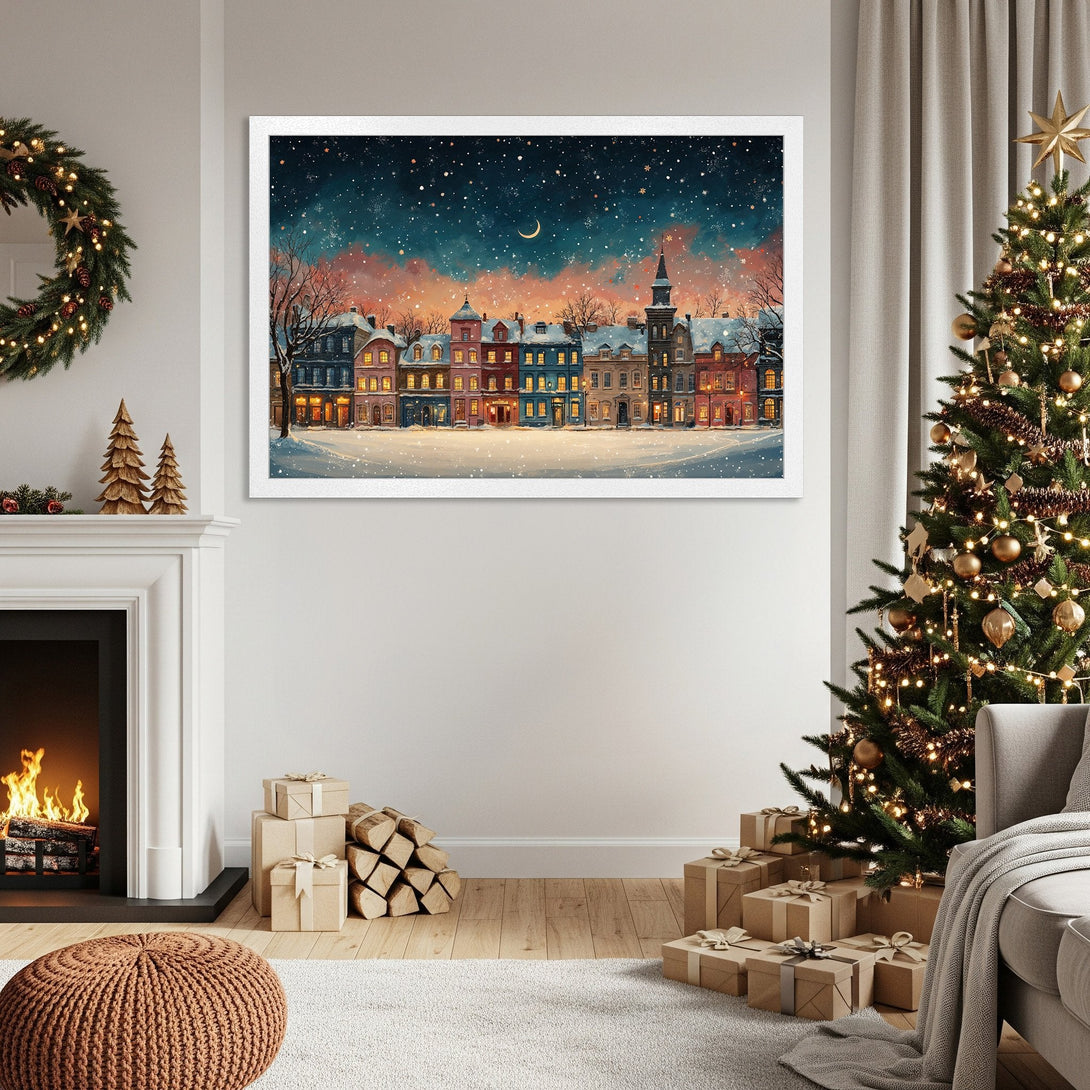 Framed Poster of a winter village scene. Watercolor style with a warm, festive color palette. Perfect holiday decor!