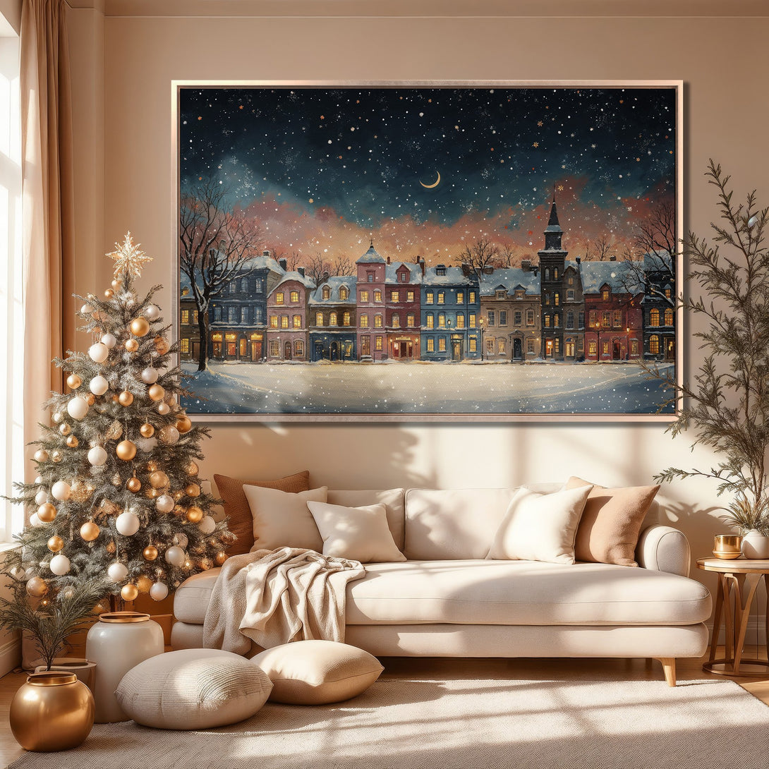 Framed Wall Art: Winter cityscape canvas print in warm tones. Cozy interior decor with a Christmas tree. Perfect for holiday home styling.