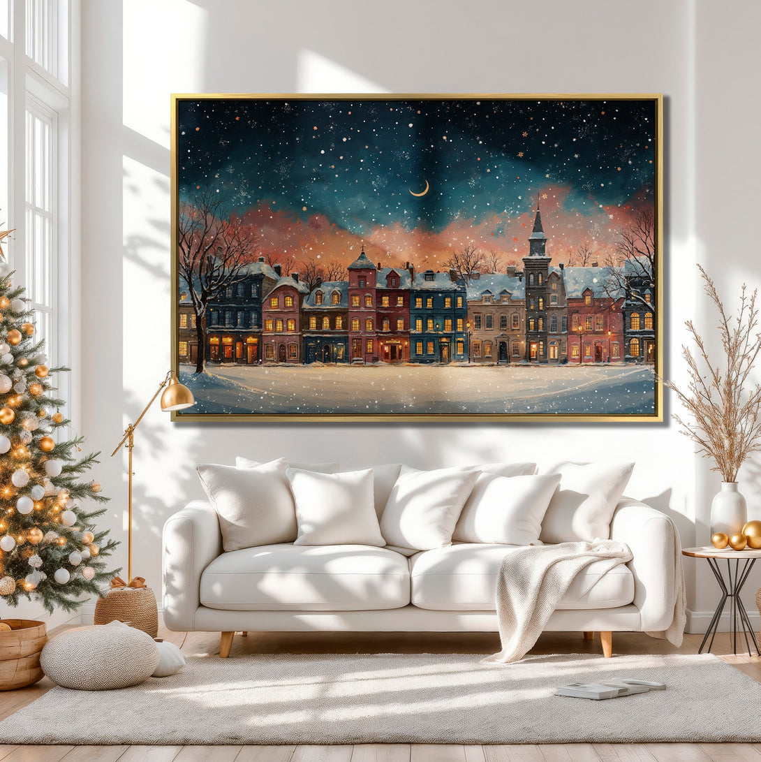 Canvas Print of a winter cityscape with warm, inviting colors. Perfect framed wall art for cozy holiday decor.
