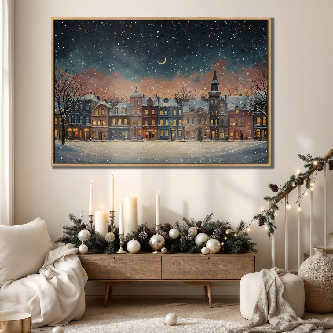 Framed Wall Art: Winter cityscape Canvas Print with warm, inviting colors. Cozy art featuring a snowy street scene, perfect for holiday decor.