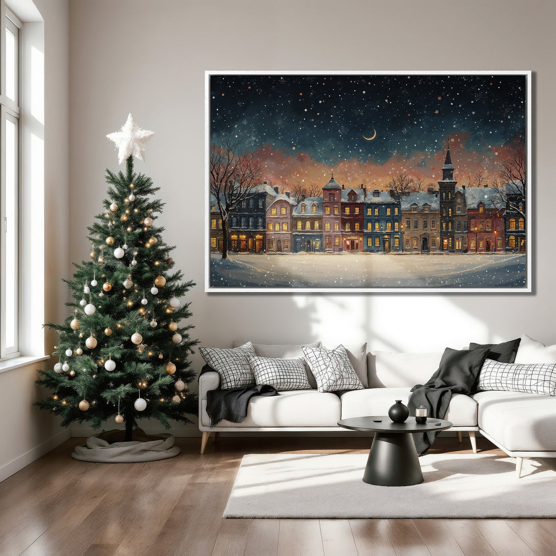 Framed Wall Art: Winter cityscape Canvas Print with a warm, inviting color palette. Perfect for adding a touch of cozy charm to your home this season.