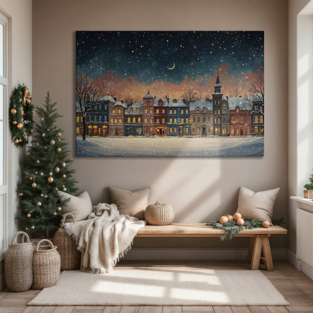 Framed Wall Art: Winter cityscape Canvas Print with a warm color palette. Cozy illustration of a snowy town under a starry night sky. Perfect for holiday decor.