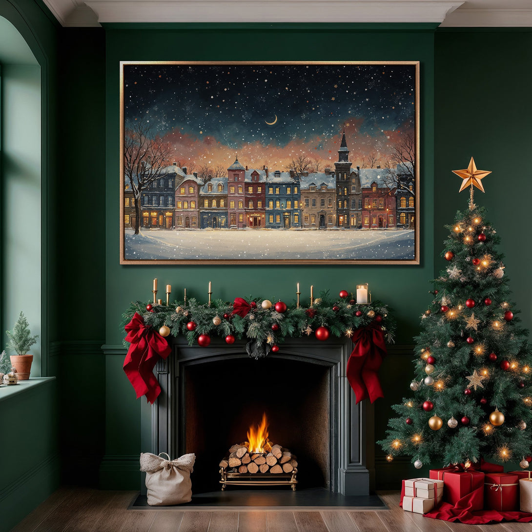 Framed Wall Art of a winter cityscape in a cozy, Christmas-themed interior. Features a warm color palette with deep greens and reds.
